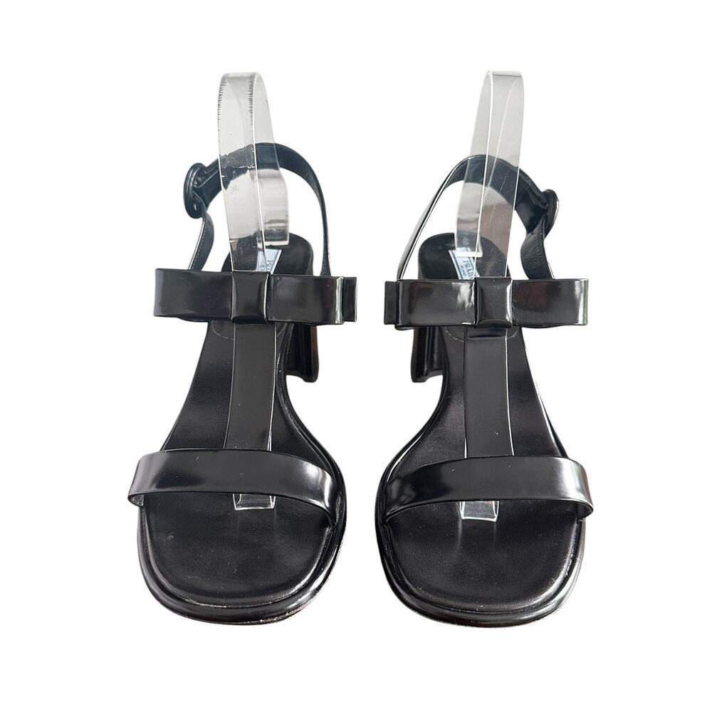 Prada Black Patent Leather T Strap Bow Open Toe Block Heel Sandals 40